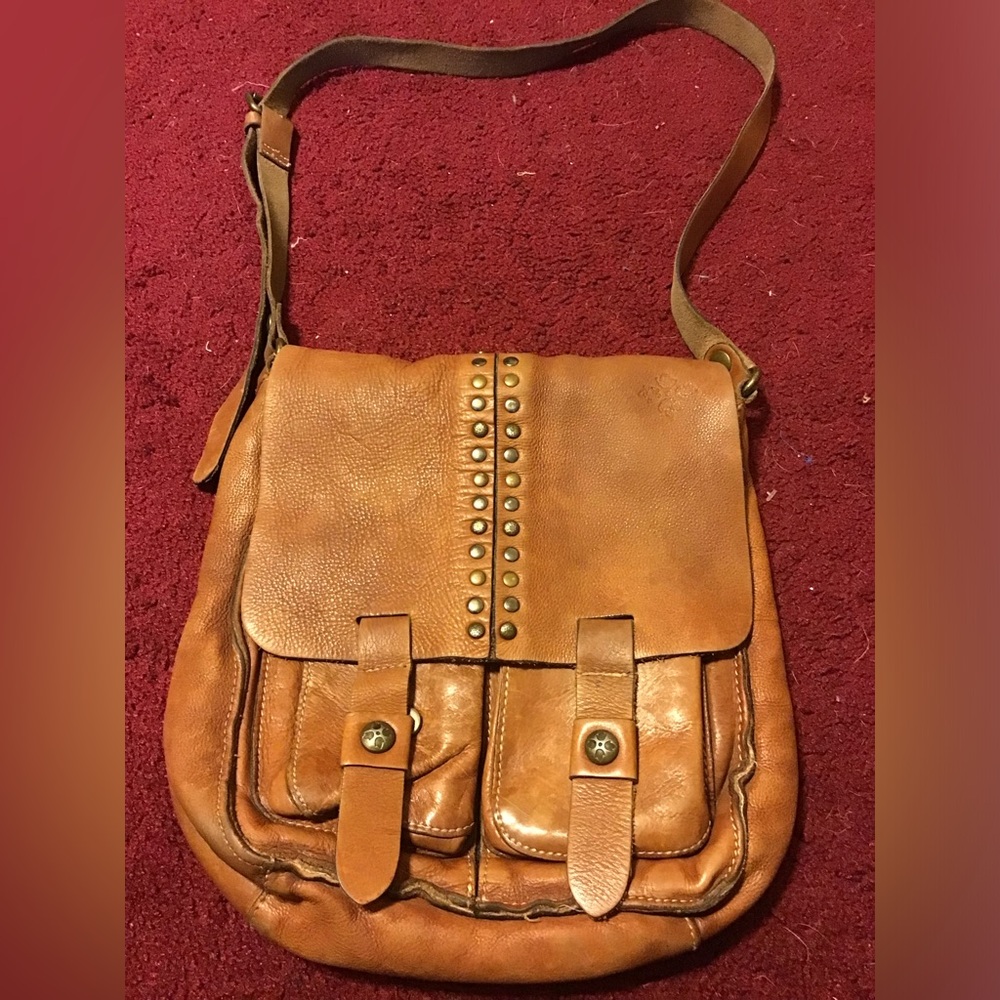 Patricia Nash Tan Leather Crossbody with Studs; perfectly worn in